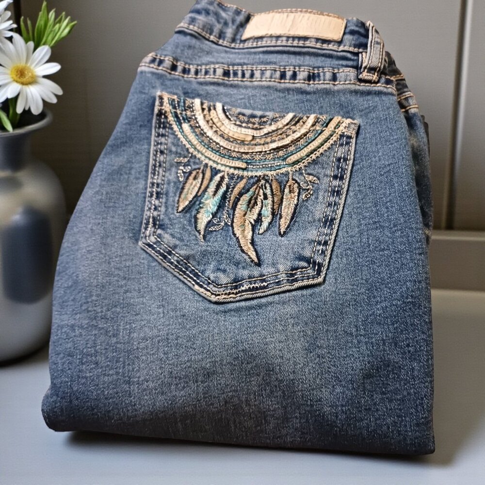 Rock & Roll Denim Rival Low Rise Bootcut Jeans - Feather Embroidery - 28x36